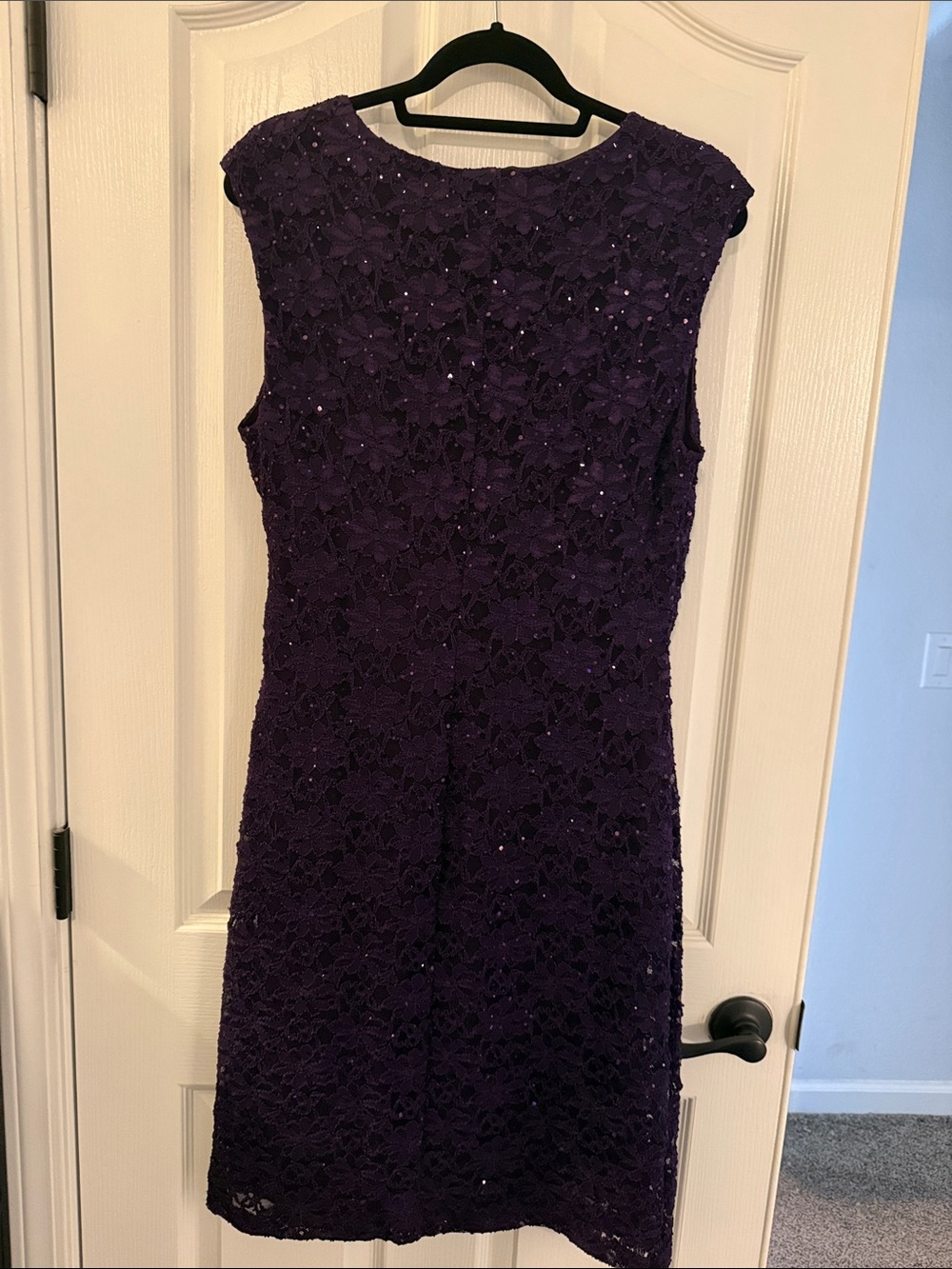Dressbarn purple sleeveless sheath dress v-neck and all-over sequin lace detail. - Picture 3 of 4